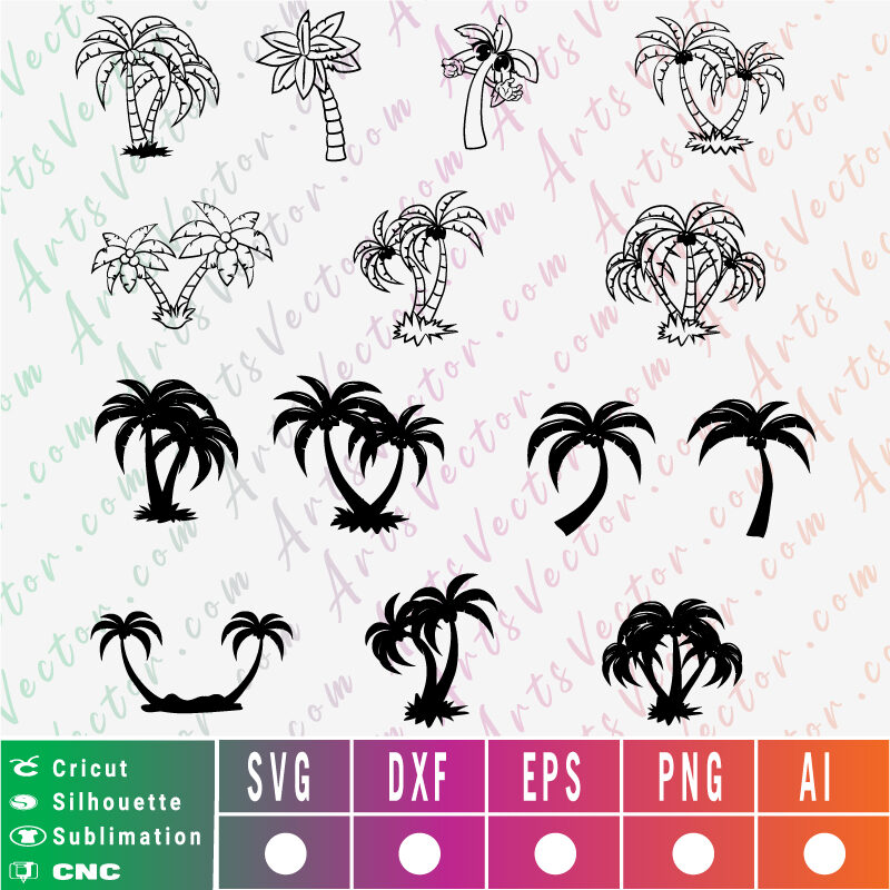 Palm tree silhouette SVG EPS DXF PNG AI bundle of 14 palm tree Instant Download