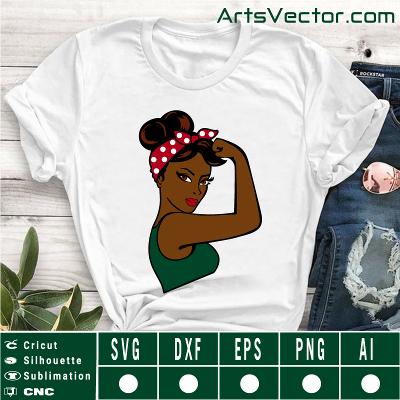 Black Rosie the riveter with red white bandana SVG EPS DXF PNG AI Instant Download