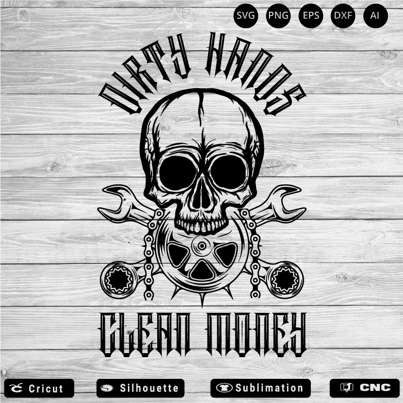 Dirty Hands Clean Money Mechanic Skull SVG PNG EPS DXF AI