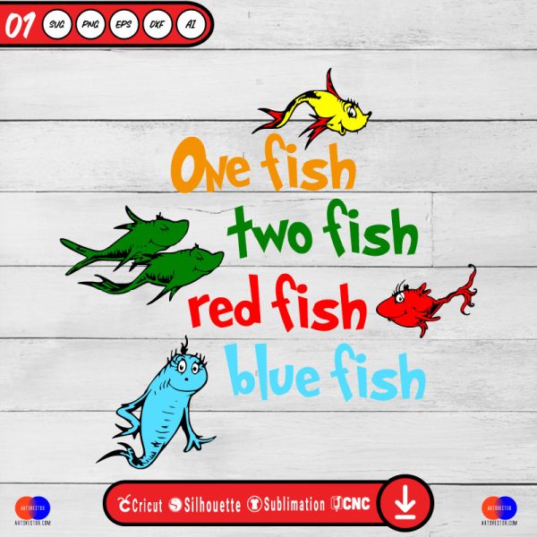 Dr Seuss one fish two fish SVG PNG EPS DXF AI - Arts Vector