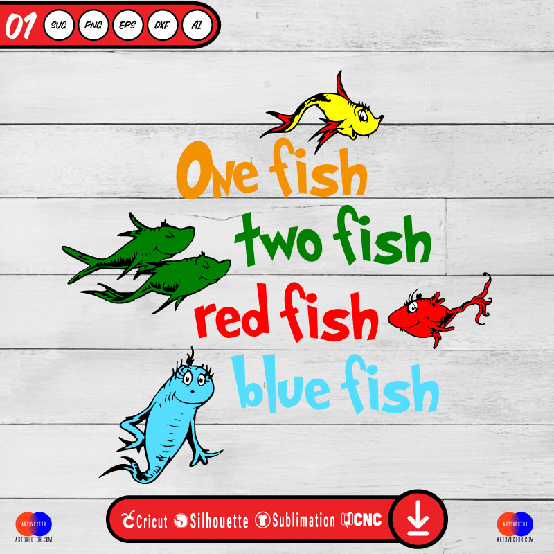 Dr Seuss one fish two fish SVG PNG DXF High-Quality Files Download, ideal for craft, sublimation, or print. For Cricut Design Space Silhouette and more.