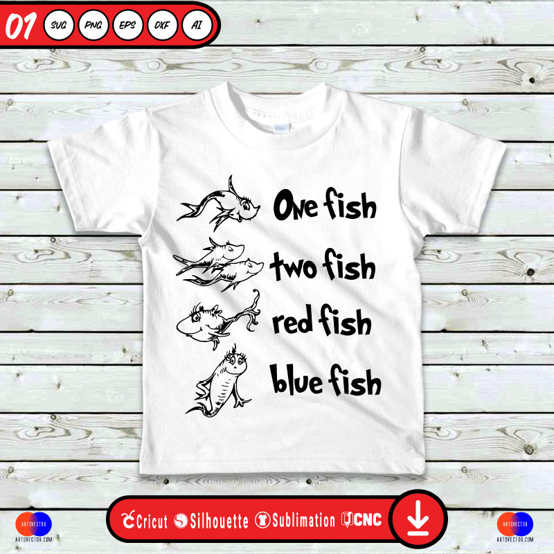 Dr Seuss one fish two fish Silhouette Black SVG PNG DXF High-Quality Files Download, ideal for craft, sublimation, or print. For Cricut Design Space Silhouette and more.