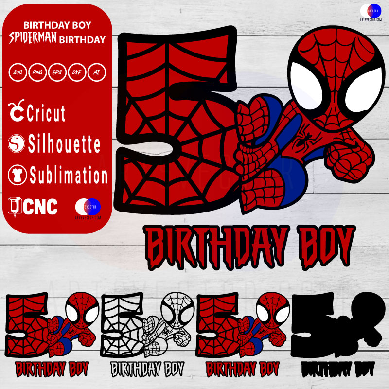 5th Birthday Boy Spiderman Birthday SVG PNG DXF High-Quality Files Download, ideal for craft, sublimation, or print. For Cricut Design Space Silhouette and more.