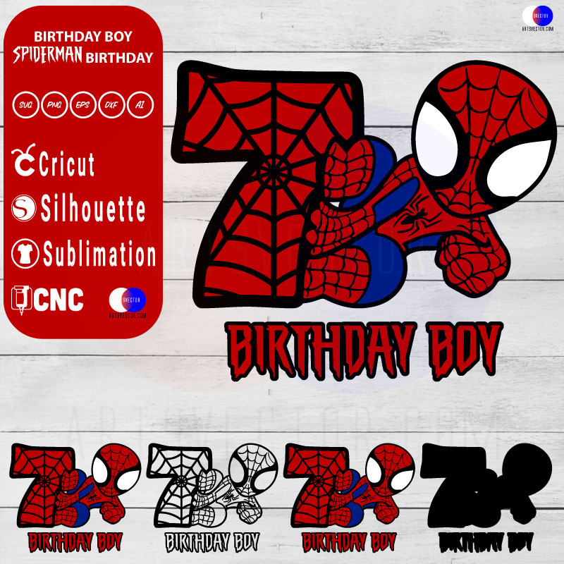 7th Birthday Boy Spiderman Birthday SVG PNG DXF High-Quality Files Download, ideal for craft, sublimation, or print. For Cricut Design Space Silhouette and more.