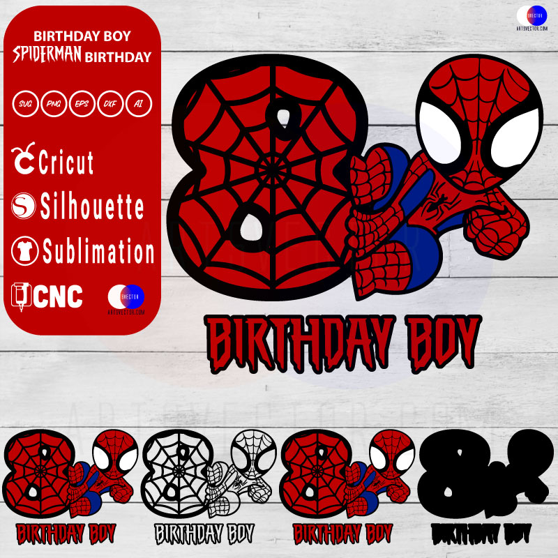 8th Birthday Boy Spiderman Birthday SVG PNG DXF High-Quality Files Download, ideal for craft, sublimation, or print. For Cricut Design Space Silhouette and more.