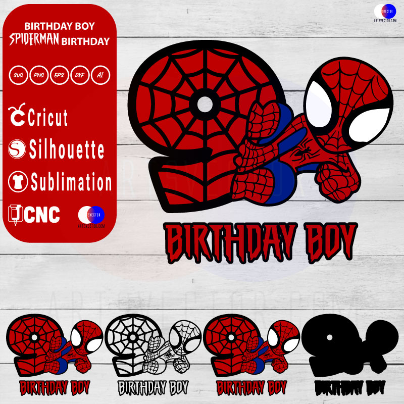 9th Birthday Boy Spiderman Birthday SVG PNG DXF High-Quality Files Download, ideal for craft, sublimation, or print. For Cricut Design Space Silhouette and more.