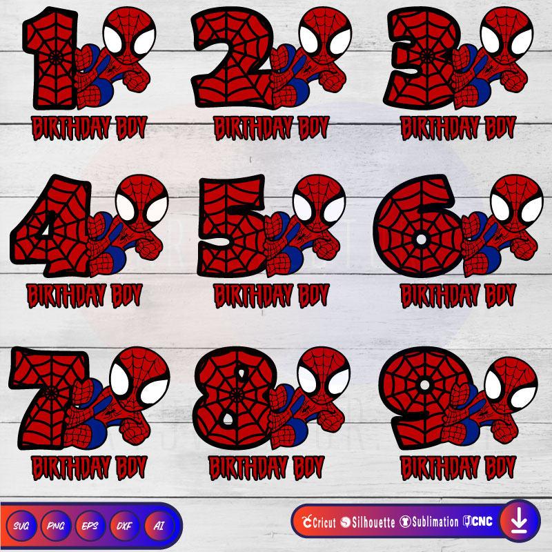 Birthday Boy Bundle 09 Spiderman Birthday SVG PNG DXF High-Quality Files Download, ideal for craft, sublimation, or print. For Cricut Design Space Silhouette and more.