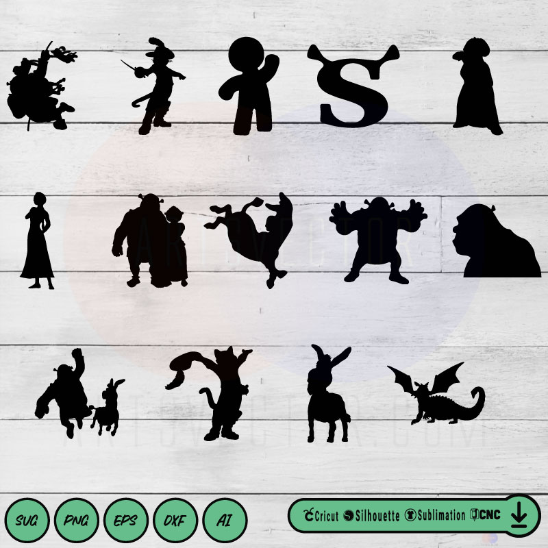 Free Shrek silhouette free SVG PNG DXF Vector High-Quality Files Download, ideal for craft, sublimation, or print. For Cricut Design Space Silhouette and more.