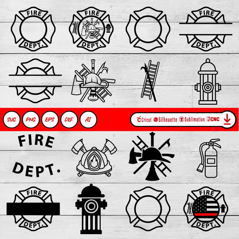 Fire Dept Bundle SVG PNG DXF Vector High-Quality Files Download, ideal for craft, sublimation, or print. For Cricut Design Space Silhouette and more.